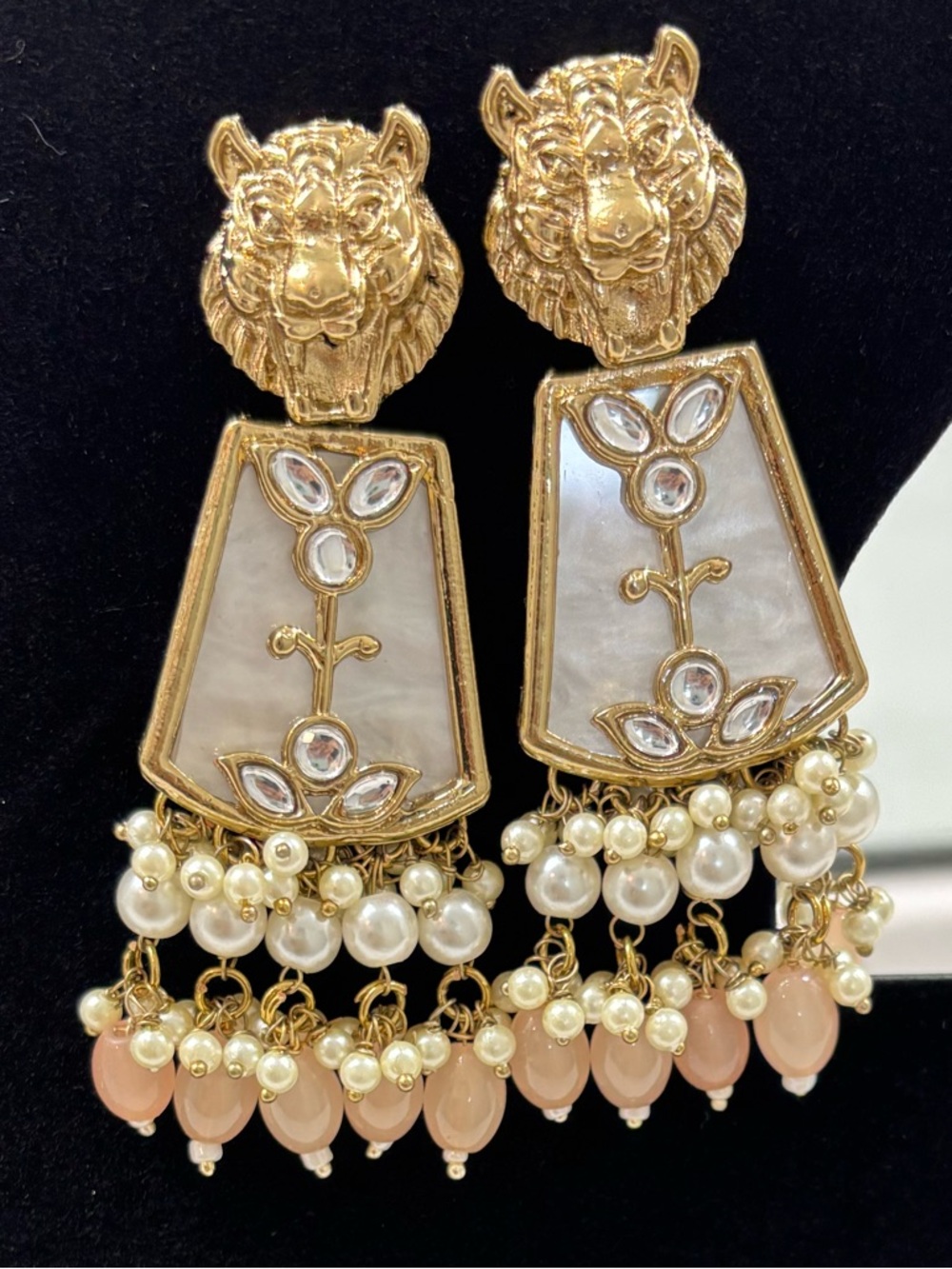Gold Tiger Head Pearl Drop Earrings with Pink and Cream Accents